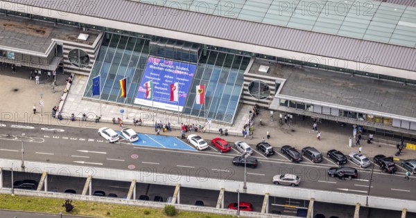 Aerial photo, Dortmund airport, departure level, arrival right of way, flags at airport entrance, EDLW, Wickede, Dortmund, Ruhr area, North Rhine-Westphalia, Germany, DE, Europe, birds-eyes view, aerial photography, aerial photography, aerial photography, overview, bird's eye view