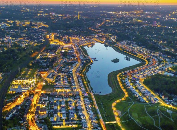 Aerial view, Phoenix Lake and Florian Tower, Hörde, Dortmund, Ruhr area, North Rhine-Westphalia, Germany, sunset, DE, twilight photography, Europe, distant view, Florian Tower, property tax, real estate, light pollution, aerial photography, aerial photography, aerial photography, night, night photography, night flight, Phoenix Lake, lake, overview, bird's eye view, residential area, living and life, residential area, residential buildings, residential quality, residential neighbourhood, illuminated streets, birds-eyes view, nightflight, overview
