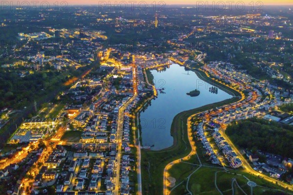 Aerial view, Phoenix Lake and Florian Tower, Hörde, Dortmund, Ruhr area, North Rhine-Westphalia, Germany, sunset, DE, twilight photography, Europe, distant view, Florian Tower, property tax, real estate, light pollution, aerial photography, aerial photography, aerial photography, night, night photography, night flight, Phoenix Lake, lake, overview, bird's eye view, residential area, living and life, residential area, residential buildings, residential quality, residential neighbourhood, illuminated streets, birds-eyes view, nightflight, overview