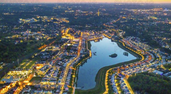 Aerial view, Phoenix Lake and Florian Tower, Hörde, Dortmund, Ruhr area, North Rhine-Westphalia, Germany, sunset, DE, twilight photography, Europe, distant view, Florian Tower, property tax, real estate, light pollution, aerial photography, aerial photography, aerial photography, night, night photography, night flight, Phoenix Lake, lake, overview, bird's eye view, residential area, living and life, residential area, residential buildings, residential quality, residential neighbourhood, illuminated streets, birds-eyes view, nightflight, overview