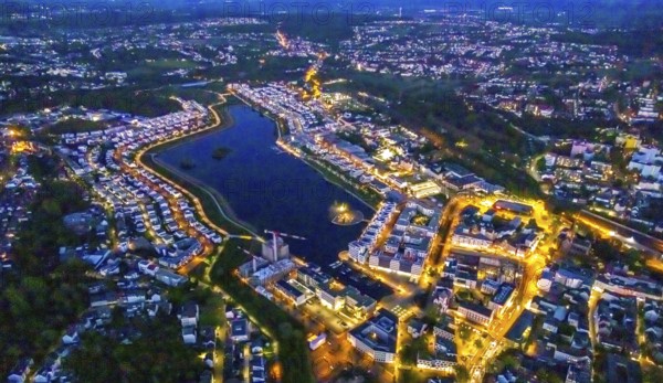 Aerial photo, Phoenix-See, Hörde, Dortmund, Ruhr area, North Rhine-Westphalia, Germany, DE, twilight photography, Europe, property tax, real estate, light pollution, aerial photography, aerial photography, aerial photography, night, night photography, night flight, Phoenix Lake, lake, overview, bird's eye view, residential area, living and life, residential area, residential buildings, quality of life, residential neighbourhood, illuminated streets, birds-eyes view, nightflight, overview
