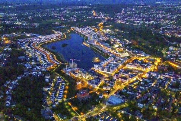 Aerial photo, Phoenix-See, Hörde, Dortmund, Ruhr area, North Rhine-Westphalia, Germany, DE, twilight photography, Europe, property tax, real estate, light pollution, aerial photography, aerial photography, aerial photography, night, night photography, night flight, Phoenix Lake, lake, overview, bird's eye view, residential area, living and life, residential area, residential buildings, quality of life, residential neighbourhood, illuminated streets, birds-eyes view, nightflight, overview