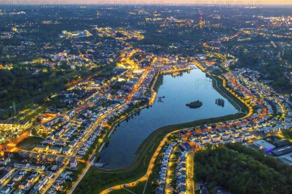 Aerial view, Phoenix Lake and Florian Tower, Hörde, Dortmund, Ruhr area, North Rhine-Westphalia, Germany, DE, twilight photography, Europe, Florian Tower, property tax, real estate, light pollution, aerial photography, aerial photography, aerial photography, night, night photography, night flight, Phoenix Lake, lake, overview, bird's eye view, residential area, living and life, residential area, residential buildings, residential quality, residential neighbourhood, illuminated streets, birds-eyes view, nightflight, overview