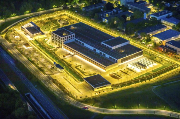Aerial view, Deutsche Federal Bank branch, Aplerbeck, Dortmund, Ruhr area, North Rhine-Westphalia, Germany, DE, twilight photography, Europe, finance, money storage, light pollution, aerial photograph, aerial photography, aerial photography, Marsbruchstraße, night, night photography, night flight, overview, bird's eye view, illuminated streets, birds-eyes view, nightflight, overview