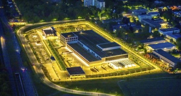 Aerial view, Deutsche Federal Bank branch, Aplerbeck, Dortmund, Ruhr area, North Rhine-Westphalia, Germany, DE, twilight photography, Europe, finance, money storage, light pollution, aerial photograph, aerial photography, aerial photography, Marsbruchstraße, night, night photography, night flight, overview, bird's eye view, illuminated streets, birds-eyes view, nightflight, overview