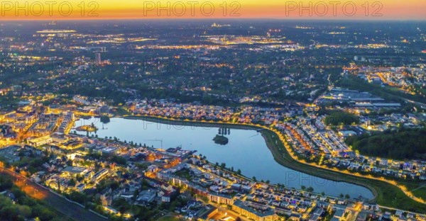 Aerial view, Phoenix Lake, Hörde, Dortmund, Ruhr area, North Rhine-Westphalia, Germany, sunset, DE, twilight photography, Europe, distant view, property tax, real estate, light pollution, aerial photography, aerial photography, night, night photography, night flight, Phoenix Lake, lake, overview, bird's eye view, residential area, living and life, residential area, residential buildings, quality of life, residential neighbourhood, illuminated streets, birds-eyes view, nightflight, overview