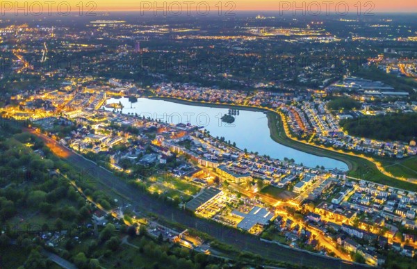 Aerial view, Phoenix Lake, Hörde, Dortmund, Ruhr area, North Rhine-Westphalia, Germany, sunset, DE, twilight photography, Europe, distant view, property tax, real estate, light pollution, aerial photography, aerial photography, night, night photography, night flight, Phoenix Lake, lake, overview, bird's eye view, residential area, living and life, residential area, residential buildings, quality of life, residential neighbourhood, illuminated streets, birds-eyes view, nightflight, overview
