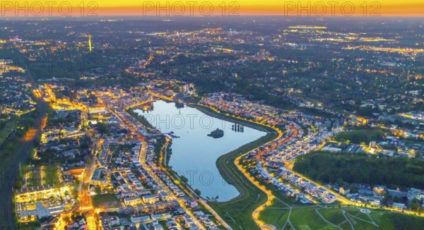 Aerial view, Phoenix Lake and Florian Tower, Hörde, Dortmund, Ruhr area, North Rhine-Westphalia, Germany, sunset, DE, twilight photography, Europe, distant view, Florian Tower, property tax, real estate, light pollution, aerial photography, aerial photography, aerial photography, night, night photography, night flight, Phoenix Lake, lake, overview, bird's eye view, residential area, living and life, residential area, residential buildings, residential quality, residential neighbourhood, illuminated streets, birds-eyes view, nightflight, overview