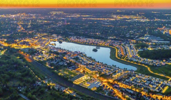 Aerial view, Phoenix Lake, Hörde, Dortmund, Ruhr area, North Rhine-Westphalia, Germany, sunset, DE, twilight photography, Europe, distant view, property tax, real estate, light pollution, aerial photography, aerial photography, night, night photography, night flight, Phoenix Lake, lake, overview, bird's eye view, residential area, living and life, residential area, residential buildings, quality of life, residential neighbourhood, illuminated streets, birds-eyes view, nightflight, overview