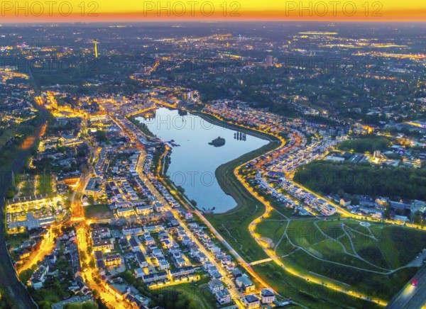 Aerial view, Phoenix Lake and Florian Tower, Hörde, Dortmund, Ruhr area, North Rhine-Westphalia, Germany, sunset, DE, twilight photography, Europe, distant view, Florian Tower, property tax, real estate, light pollution, aerial photography, aerial photography, aerial photography, night, night photography, night flight, Phoenix Lake, lake, overview, bird's eye view, residential area, living and life, residential area, residential buildings, residential quality, residential neighbourhood, illuminated streets, birds-eyes view, nightflight, overview