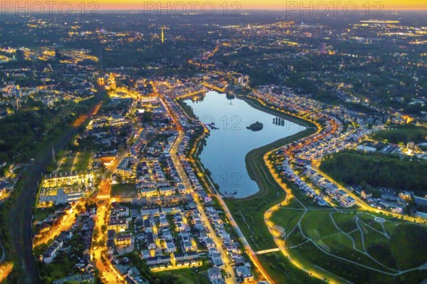 Aerial view, Phoenix Lake and Florian Tower, Hörde, Dortmund, Ruhr area, North Rhine-Westphalia, Germany, sunset, DE, twilight photography, Europe, distant view, Florian Tower, property tax, real estate, light pollution, aerial photography, aerial photography, aerial photography, night, night photography, night flight, Phoenix Lake, lake, overview, bird's eye view, residential area, living and life, residential area, residential buildings, residential quality, residential neighbourhood, illuminated streets, birds-eyes view, nightflight, overview