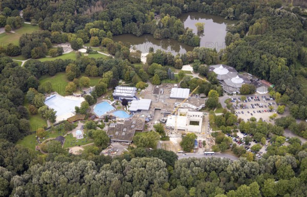 Aerial view, construction site at the brine bath in the Revierpark Wischlingen in the district Dorstfeld in Dortmund, Ruhr area, North Rhine-Westphalia, Germany, construction work, construction area, construction site, building plots, construction project, construction site, DE, Dortmund, Europe, leisure facility, leisure area, leisure pool, aerial view, aerial photography, aerial photography, overview, bird's-eye view, birds-eyes view, overview