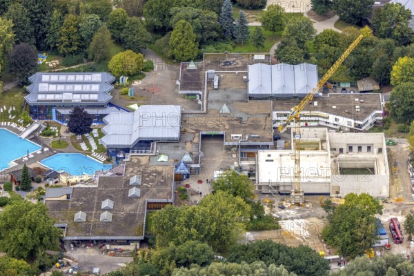 Aerial view, construction site at the brine bath in the Revierpark Wischlingen in the district Dorstfeld in Dortmund, Ruhr area, North Rhine-Westphalia, Germany, construction work, construction area, construction site, building plots, construction project, construction site, DE, Dortmund, Europe, leisure facility, leisure area, leisure pool, aerial view, aerial photography, aerial photography, overview, bird's-eye view, birds-eyes view, overview