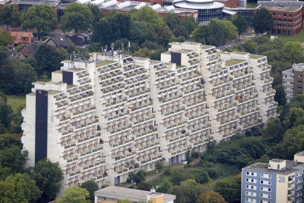 Aerial view, Dorstfelder Hannibal II building in the district Dorstfeld in Dortmund, Ruhr area, North Rhine-Westphalia, Germany, DE, Dortmund, Europe, large residential complex, property tax, high-rise buildings, real estate, aerial view, aerial photography, aerial photography, multi-family houses, apartment buildings, overview, bird's-eye view, Vogelpothsweg, residential complex, living and living, residential area, residential buildings, residential quality, residential neighbourhood, housing estate, birds-eyes view, overview