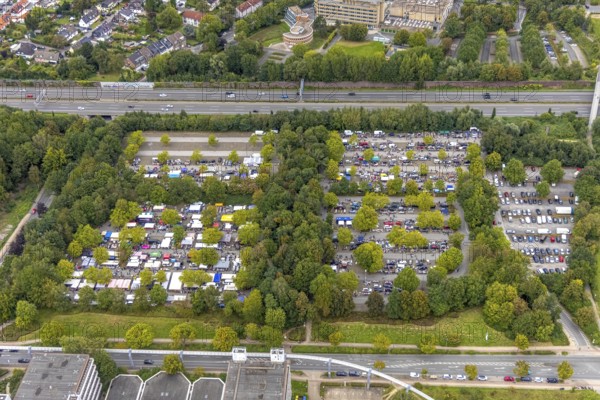 Aerial view, flea market on the car park at the University of Dortmund in the district Eichlinghofen in Dortmund, Ruhr area, North Rhine-Westphalia, Germany, DE, Dortmund, shopping markets, shopping place, Europe, aerial view, aerial photography, aerial photography, market, market stalls, car parks, flea market, overview, bird's eye view, birds-eyes view, overview