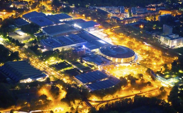 Aerial photography, Westfalenhallen, Westfalenhalle, Dortmund, Ruhr area, North Rhine-Westphalia, Germany, DE, twilight photography, Europe, culture, art, light pollution, aerial photography, aerial photography, aerial photography, exhibition centre, night, night photography, night flight, overview, events, venue, event location, event centre, bird's-eye view, illuminated streets, birds-eyes view, cultural use, nightflight, overview