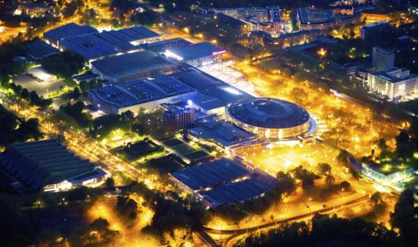Aerial photography, Westfalenhallen, Westfalenhalle, Dortmund, Ruhr area, North Rhine-Westphalia, Germany, DE, twilight photography, Europe, culture, art, light pollution, aerial photography, aerial photography, aerial photography, exhibition centre, night, night photography, night flight, overview, events, venue, event location, event centre, bird's-eye view, illuminated streets, birds-eyes view, cultural use, nightflight, overview