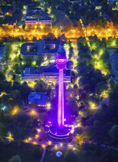 Aerial view, Florian Tower in Westfalenpark, Ruhrallee, Dortmund, Ruhr area, North Rhine-Westphalia, Germany, DE, twilight photography, Europe, television tower, Florian Tower, landmark, light pollution, aerial view, aerial photography, aerial photography, night, night shot, night flight, tower, overview, bird's eye view, landmark, illuminated streets, birds-eyes view, nightflight, overview