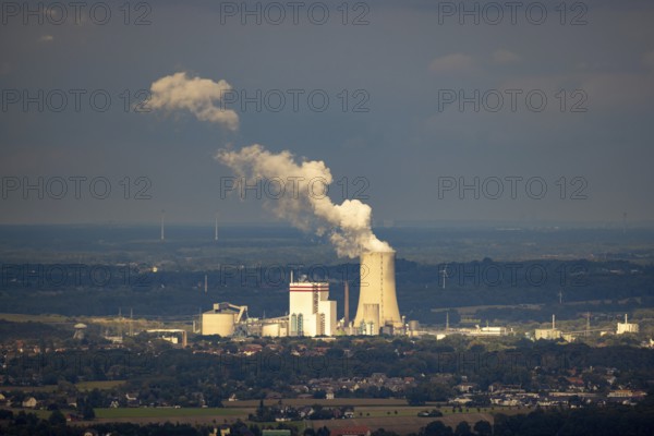 Aerial view, distant view to Trianel coal-fired power plant Lünen and smoke cloud with view from Dortmund, Ruhr area, North Rhine-Westphalia, Germany, DE, Dortmund, Europe, aerial view, aerial photography, aerial photography, overview, bird's-eye view, overview