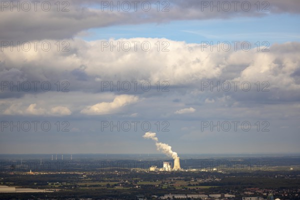 Aerial view, distant view to Trianel coal-fired power plant Lünen and smoke cloud with view from Dortmund, Ruhr area, North Rhine-Westphalia, Germany, DE, Dortmund, Europe, aerial view, aerial photography, aerial photography, overview, bird's-eye view, overview