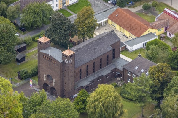 Aerial view, St. Charles Borromeo Catholic Church in the Dorstfeld district of Dortmund, Ruhr area, North Rhine-Westphalia, Germany, place of worship, DE, Dortmund, Europe, religious community, place of worship, holy place, church, parish, denomination, aerial photograph, aerial photography, aerial photography, religion, religious site, overview, bird's-eye view, bird's-eye view, overview