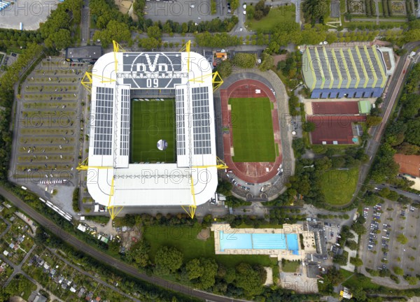 Aerial view, Signal Iduna Park Bundesliga stadium of BVB 09 and stadium Rote Erde in the district Barop in Dortmund, Ruhr area, North Rhine-Westphalia, Germany, arena, BVB 09 Borussia Dortmund, Ballspielverein Borussia 09 e. V. Dortmund, DE, Dortmund, Europe, football pitch, football stadium, football club, home ground BVB, aerial view, aerial photography, aerial photography, sports, sports facilities, sports field, sports facility, stadium, overview, bird's eye view, Westfalenstadion, birds-eyes view, overview