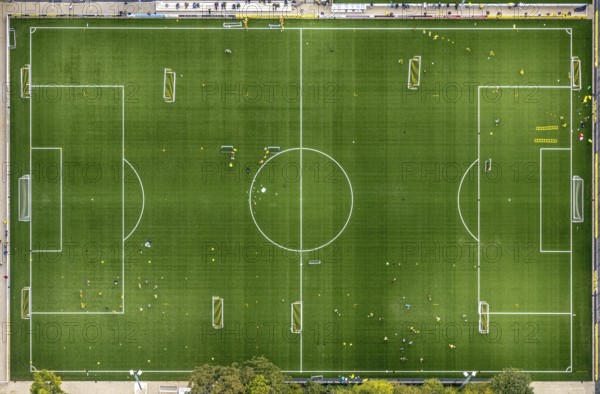 Aerial view, sports field and training facility BVB 09 Dortmund with the BVB Evonik football academy in the district Westfalenhalle in Dortmund, Ruhr area, North Rhine-Westphalia, Germany, DE, Dortmund, Europe, shapes and colours, football field, aerial view, aerial photography, aerial photography, sports, sports facilities, sports field, sports school, sports facility, overview, bird's-eye view, overview