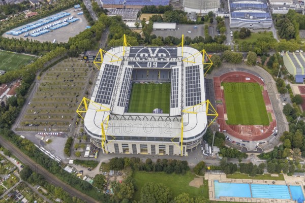 Aerial view, Signal Iduna Park Bundesliga stadium of BVB 09 and stadium Rote Erde in the district Barop in Dortmund, Ruhr area, North Rhine-Westphalia, Germany, arena, BVB 09 Borussia Dortmund, Ballspielverein Borussia 09 e. V. Dortmund, DE, Dortmund, Europe, football pitch, football stadium, football club, home ground BVB, aerial view, aerial photography, aerial photography, sports, sports facilities, sports field, sports facility, stadium, overview, bird's eye view, Westfalenstadion, birds-eyes view, overview