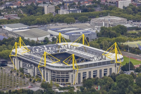Aerial view, Signal Iduna Park Bundesliga stadium of BVB 09 in the Barop district of Dortmund, Ruhr area, North Rhine-Westphalia, Germany, arena, BVB 09 Borussia Dortmund, Ballspielverein Borussia 09 e. V. Dortmund, DE, Dortmund, Europe, football pitch, football stadium, football club, home ground BVB, aerial view, aerial photography, aerial photography, sports, sports facilities, sports field, sports venue, stadium, overview, bird's eye view, Westfalenstadion, birds-eyes view, overview