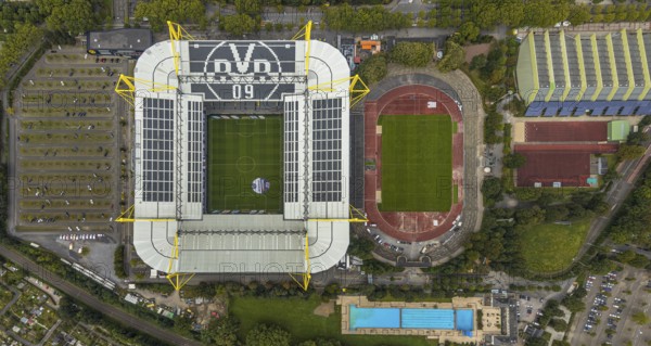 Aerial view, Signal Iduna Park Bundesliga stadium of BVB 09 and stadium Rote Erde in the district Barop in Dortmund, Ruhr area, North Rhine-Westphalia, Germany, arena, BVB 09 Borussia Dortmund, Ballspielverein Borussia 09 e. V. Dortmund, DE, Dortmund, Europe, football pitch, football stadium, football club, home ground BVB, aerial view, aerial photography, aerial photography, sports, sports facilities, sports field, sports facility, stadium, overview, bird's eye view, Westfalenstadion, birds-eyes view, overview