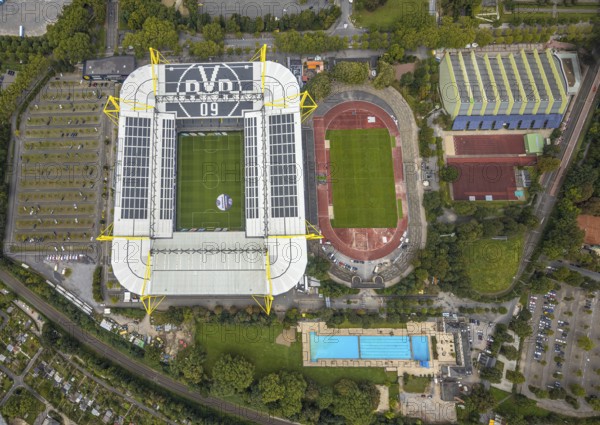 Aerial view, Signal Iduna Park Bundesliga stadium of BVB 09 and stadium Rote Erde in the district Barop in Dortmund, Ruhr area, North Rhine-Westphalia, Germany, arena, BVB 09 Borussia Dortmund, Ballspielverein Borussia 09 e. V. Dortmund, DE, Dortmund, Europe, football pitch, football stadium, football club, home ground BVB, aerial view, aerial photography, aerial photography, sports, sports facilities, sports field, sports facility, stadium, overview, bird's eye view, Westfalenstadion, birds-eyes view, overview