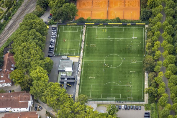 Aerial view, sports field and training facility BVB 09 Dortmund with the BVB Evonik football academy in the district Westfalenhalle in Dortmund, Ruhr area, North Rhine-Westphalia, Germany, DE, Dortmund, Europe, shapes and colours, football field, aerial view, aerial photography, aerial photography, sports, sports facilities, sports field, sports school, sports facility, overview, bird's-eye view, overview