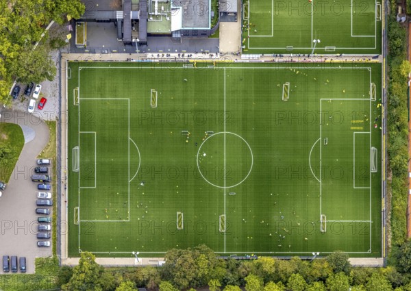 Aerial view, sports field and training facility BVB 09 Dortmund with the BVB Evonik football academy in the district Westfalenhalle in Dortmund, Ruhr area, North Rhine-Westphalia, Germany, DE, Dortmund, Europe, shapes and colours, football field, aerial view, aerial photography, aerial photography, sports, sports facilities, sports field, sports school, sports facility, overview, bird's-eye view, overview