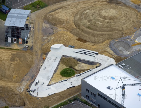 Aerial view, Skatepark Hombruch BMX and Mountainbike area in the district Menglinghausen in Dortmund, Ruhr area, North Rhine-Westphalia, Germany, Bikepark, DE, Dortmund, Europe, shapes and colours, leisure facility, aerial view, aerial photography, aerial photography, sports, overview, bird's eye view, birds-eyes view, overview