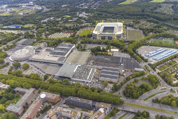 Aerial view, Signal Iduna Park Bundesliga stadium of BVB 09 and the Westfalenhallen in the Barop district of Dortmund, Ruhr area, North Rhine-Westphalia, Germany, arena, BVB 09 Borussia Dortmund, Ballspielverein Borussia 09 e. V. Dortmund, DE, Dortmund, Europe, football pitch, football stadium, football club, home ground BVB, aerial view, aerial photography, aerial photography, sports, sports facilities, sports field, sports facility, stadium, overview, bird's eye view, Westfalenstadion, birds-eyes view, overview