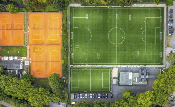 Aerial view, sports field and training facility BVB 09 Dortmund with the BVB Evonik football academy in the district Westfalenhalle in Dortmund, Ruhr area, North Rhine-Westphalia, Germany, DE, Dortmund, Europe, shapes and colours, football field, aerial view, aerial photography, aerial photography, sports, sports facilities, sports field, sports school, sports facility, overview, bird's-eye view, overview