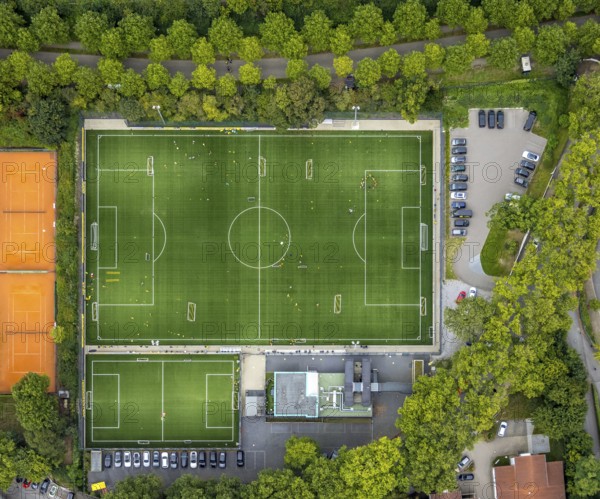 Aerial view, sports field and training facility BVB 09 Dortmund with the BVB Evonik football academy in the district Westfalenhalle in Dortmund, Ruhr area, North Rhine-Westphalia, Germany, DE, Dortmund, Europe, shapes and colours, football field, aerial view, aerial photography, aerial photography, sports, sports facilities, sports field, sports school, sports facility, overview, bird's-eye view, overview