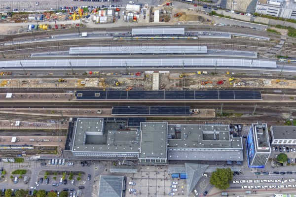 Aerial view, construction site at Dortmund Central Station in the City district of Dortmund, Ruhr area, North Rhine-Westphalia, Germany, railway tracks, station, platform, construction work, construction area, construction site, building site, construction project, construction site, DE, Deutsche Bahn AG, Dortmund, Europe, central station, main station, aerial view, aerial photography, aerial photography, overview, bird's-eye view, overview