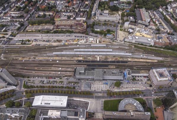Aerial view, construction site at Dortmund Central Station in the City district of Dortmund, Ruhr area, North Rhine-Westphalia, Germany, railway tracks, station, platform, construction work, construction area, construction site, building site, construction project, construction site, DE, Deutsche Bahn AG, Dortmund, Europe, central station, main station, aerial view, aerial photography, aerial photography, overview, bird's-eye view, overview
