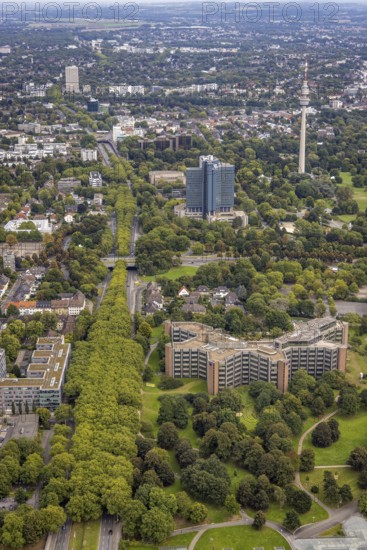 Aerial view, greened Rheinlanddamm with Signal Iduna headquarters, Westnetz GmbH building and Florianturm in the district Westfalenhalle in Dortmund, Ruhr area, North Rhine-Westphalia, Germany, federal road B1, DE, Dortmund, Europe, television tower, commercial enterprises, commercial area, commercial area, commercial location, commercial use, aerial view, aerial photography, aerial photography, tower, overview, bird's-eye view, overview