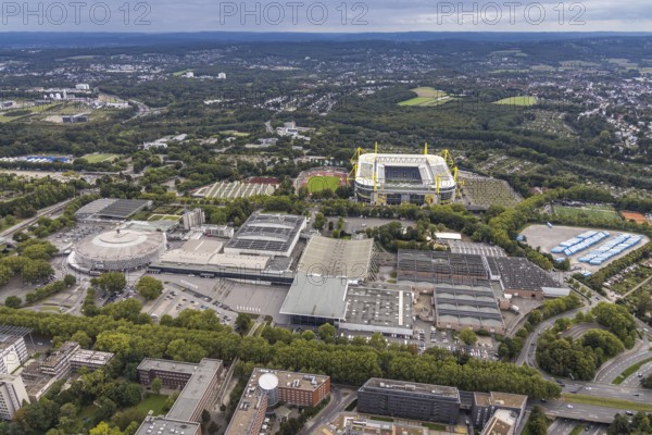 Aerial view, Signal Iduna Park Bundesliga stadium of BVB 09 and the Westfalenhallen in the Barop district of Dortmund, Ruhr area, North Rhine-Westphalia, Germany, arena, BVB 09 Borussia Dortmund, Ballspielverein Borussia 09 e. V. Dortmund, DE, Dortmund, Europe, football pitch, football stadium, football club, home ground BVB, aerial view, aerial photography, aerial photography, sports, sports facilities, sports field, sports facility, stadium, overview, bird's eye view, Westfalenstadion, birds-eyes view, overview