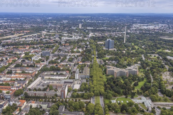 Aerial view, greened Rheinlanddamm B1 with Signal Iduna headquarters, Westnetz GmbH building and Florianturm in the district Westfalenhalle in Dortmund, Ruhr area, North Rhine-Westphalia, Germany, federal road B1, DE, Dortmund, Europe, television tower, commercial enterprises, commercial area, commercial area, commercial location, commercial use, aerial view, aerial photography, aerial photography, tower, overview, bird's-eye view, overview