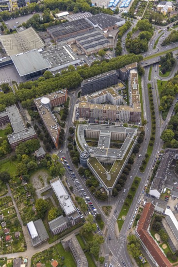 Aerial view, Berswordt-Carrée, Berswordt-Quartier with Westfalen-Center as well as Hotel Dorint an den Westfalenhallen and Steigenberger Hotel Dortmund in the district Westfalenhalle in Dortmund, Ruhr area, North Rhine-Westphalia, Germany, DE, Dortmund, Europe, gastronomy, hotel, hotel facilities, hotel business, aerial view, aerial photography, aerial photography, overview, bird's-eye view, overview
