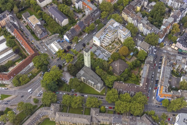 Aerial view, St. Nicolai Church in the Kreuzviertel in the Westfalenhalle district of Dortmund, Ruhr area, North Rhine-Westphalia, Germany, place of worship, DE, Dortmund, Europe, religious community, place of worship, holy place, church, parish, denomination, aerial photograph, aerial photography, aerial photography, religion, religious site, overview, bird's-eye view, bird's-eye view, overview