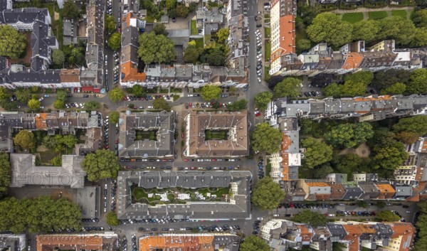 Aerial view, square residential complex in the Kreuzviertel in the Westfalenhalle district in Dortmund, Ruhr area, North Rhine-Westphalia, Germany, DE, Dortmund, Europe, shapes and colours, aerial view, aerial photography, aerial photography, overview, bird's-eye view, overview