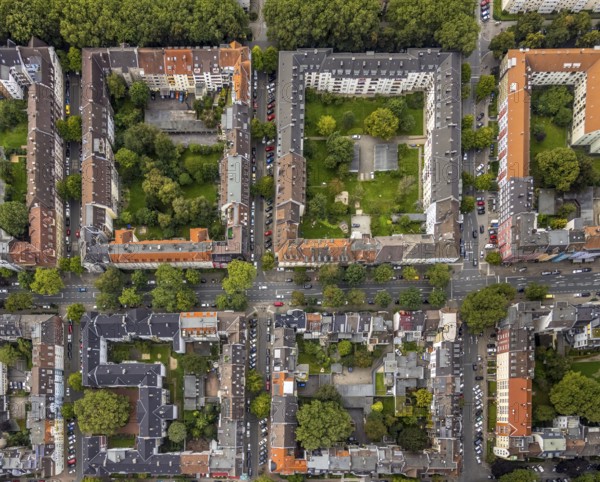 Aerial view, square residential complex in the Kreuzviertel in the Westfalenhalle district in Dortmund, Ruhr area, North Rhine-Westphalia, Germany, DE, Dortmund, Europe, shapes and colours, aerial view, aerial photography, aerial photography, overview, bird's-eye view, overview