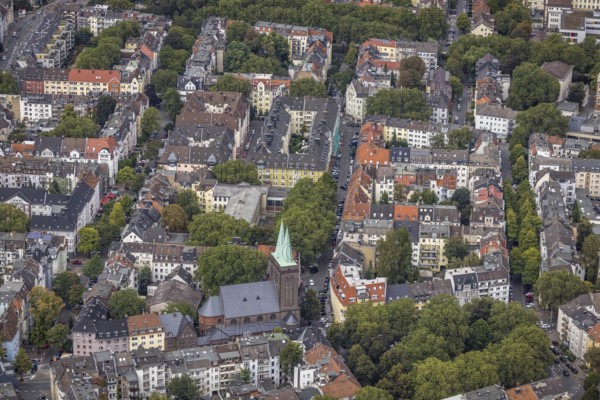 Aerial view, Catholic Church of the Holy Cross Liebigstraße in the district Westfalenhalle in Dortmund, Ruhr area, North Rhine-Westphalia, Germany, place of worship, DE, Dortmund, Europe, religious community, place of worship, holy place, church, parish, denomination, aerial view, aerial photography, aerial photography, religion, religious site, overview, bird's-eye view, overview