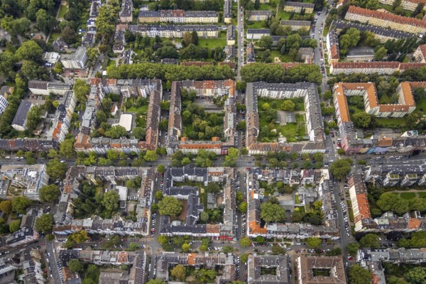 Aerial view, square residential complex in the Kreuzviertel in the Westfalenhalle district in Dortmund, Ruhr area, North Rhine-Westphalia, Germany, DE, Dortmund, Europe, shapes and colours, aerial view, aerial photography, aerial photography, overview, bird's-eye view, overview