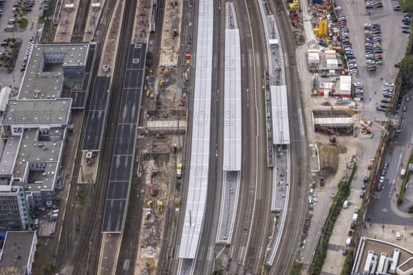 Aerial view, construction site at Dortmund Central Station in the City district of Dortmund, Ruhr area, North Rhine-Westphalia, Germany, railway tracks, station, platform, construction work, construction area, construction site, building site, construction project, construction site, DE, Deutsche Bahn AG, Dortmund, Europe, central station, main station, aerial view, aerial photography, aerial photography, overview, bird's-eye view, overview
