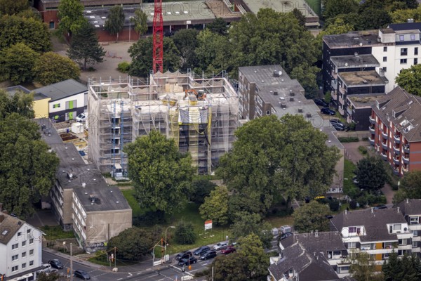 Aerial view, construction site with new building on Heiligegartenstraße in the Nordstadt district of Dortmund, Ruhr area, North Rhine-Westphalia, Germany, construction work, construction area, construction site, building plots, construction project, construction site, DE, Dortmund, Europe, property tax, real estate, aerial view, aerial photography, aerial photography, new building, overview, bird's eye view, residential complex, living and living, residential area, residential buildings, residential quality, residential neighbourhood, housing estate, birds-eyes view, overview
